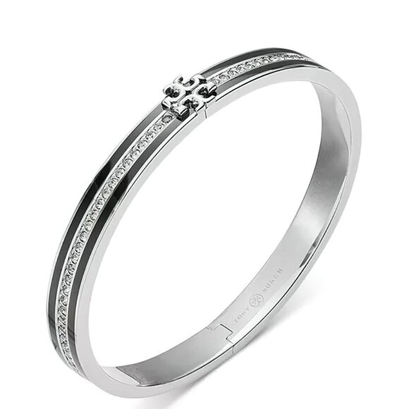 Tory Burch Kira Pave Enamel Hinge Bracelet Black/ Silver OS - Picture 8 of 14